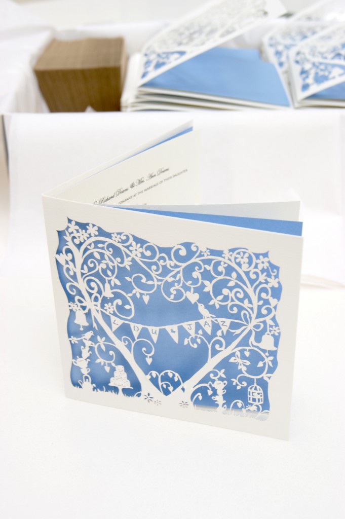 folded laser cut vintage garden party wedding invitations