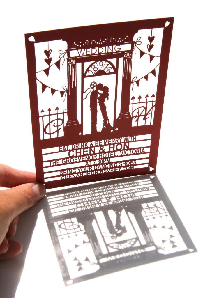 paper picado laser cut postcard wedding invitations