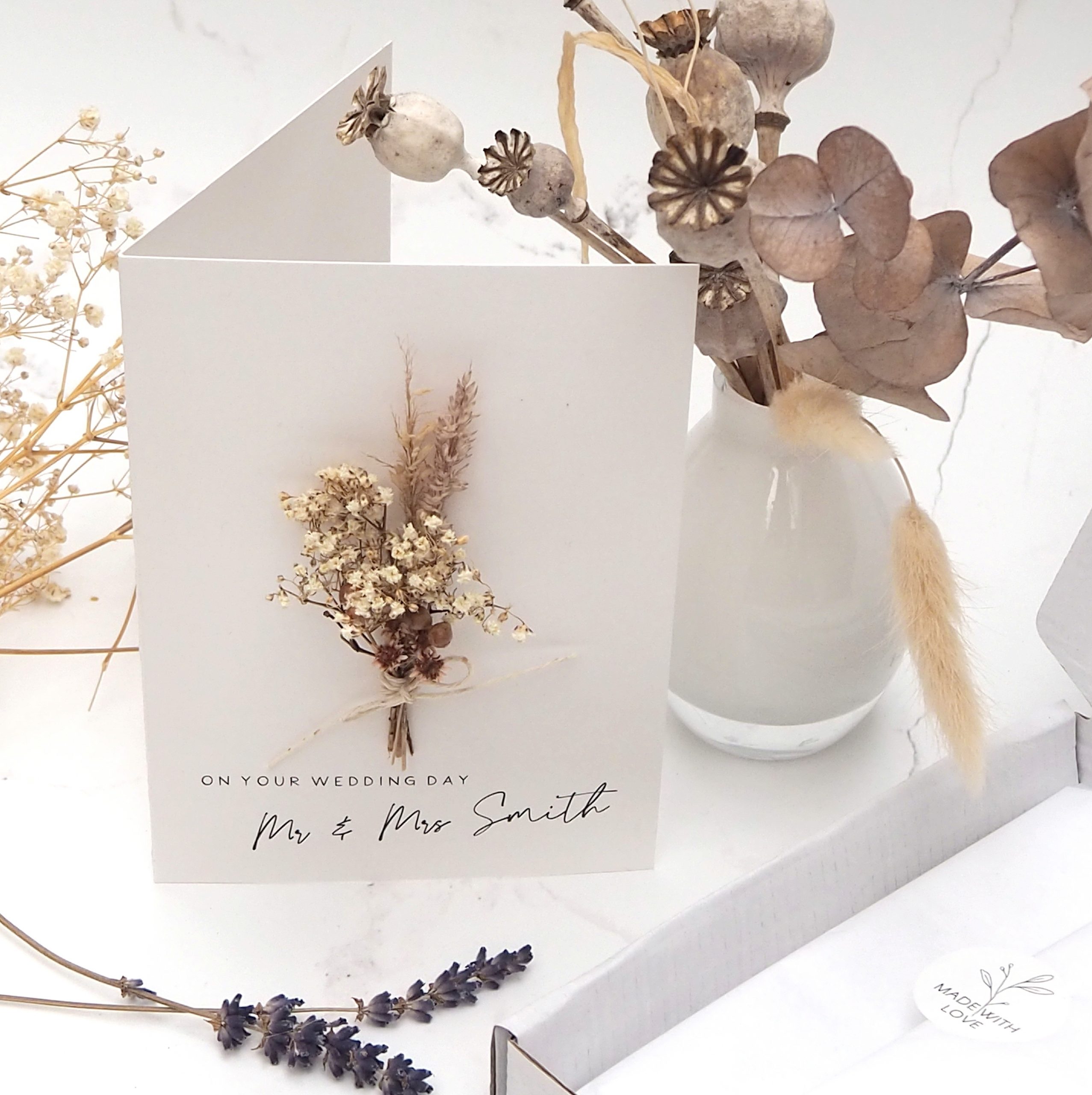 Mini Dried Flower Bouquet Personalised Wedding Card
